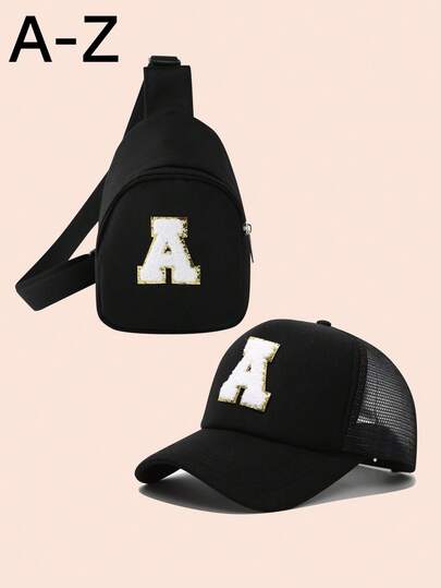 2件套黑色男童字母主题棒球帽和斜挎零钱包，女童透气网眼帽，适合日常佩戴和户外活动