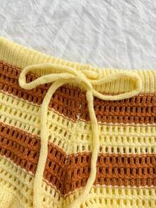 女士休闲可爱镂空露背针织短款上衣和裤子套装，时尚条纹纹理波西米亚风比基尼海滩街头装，波西米亚海滩度假约会派对沙滩装 - 黃色 - 查看 3