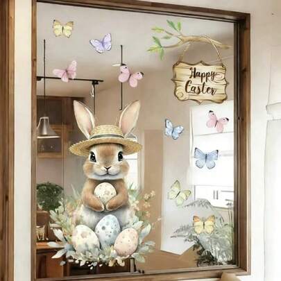 1张复活节兔子、彩蛋、蝴蝶图案窗贴，静电吸附，玻璃窗贴纸，装饰贴纸，节日礼物