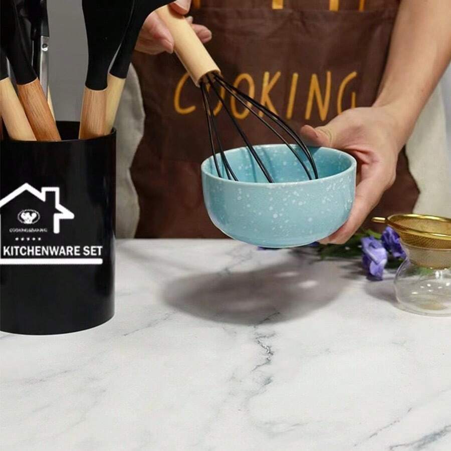 Wooden Handle Silicone Cooking Utensils, Spatula Spoon Tools, Heat Resistant Food Tongs Mixer Accessories, Kitchen Tools - Multicolor - View 1