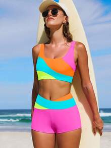 popvil Bộ bikini thể thao phối màu dành cho nữ, kiểu quần đùi ngắn, cạp cao, hai mảnh. - Nhiều màu - Xem 6