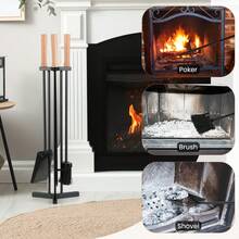 COSTWAY 4-Piece Metal Fireplace Tools Set With Wood Handle And Base Stand Holder, Black+ - one-size - View 9