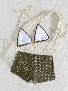 wohenmeili 女士夏季沙滩波点荷叶边吊带性感比基尼泳衣套装 - 棕底黃點+黃棕點邊 - 查看 7