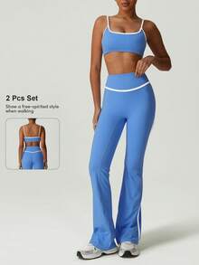 2pcs Women's Sports Set, Contrast Color Fashion Fitness Sports Bra Paired With High Waist Seamless Fitness Dance Flared Pants - Blue - View 3