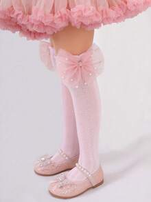 1 Pair Girls' Pearl Mesh Bow Heart Decor Fishnet High Socks, Spring/Summer - Pink - View 8