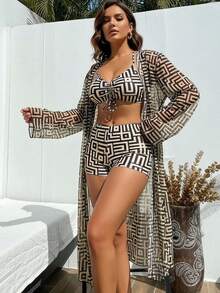 3-Piece Bikini Set: Kimono, Shorts, Top, Beach Cover-Up - Brown - View 4