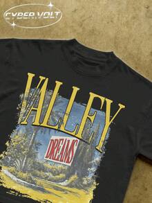VALLEY Manfinity Y2K Style  Print (180g Pure Cotton T-Shirt) Cotton T-Shirt - Soft And Breathable, Green Print 100% Pure Cotton Fabric - Comfortable And Vibrant Summer Streetwear Short-Sleeved T-Shirt, Cool Motorcycle Design, Vintage Summer Men's Everyday Wear T-Shirt - 黑色 - 查看 2
