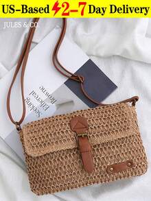 Vintage Fashion Large Capacity Woven Tote Bag, Beach Vacation Straw Shoulder Crossbody Bag , Summer - Khaki - View 1