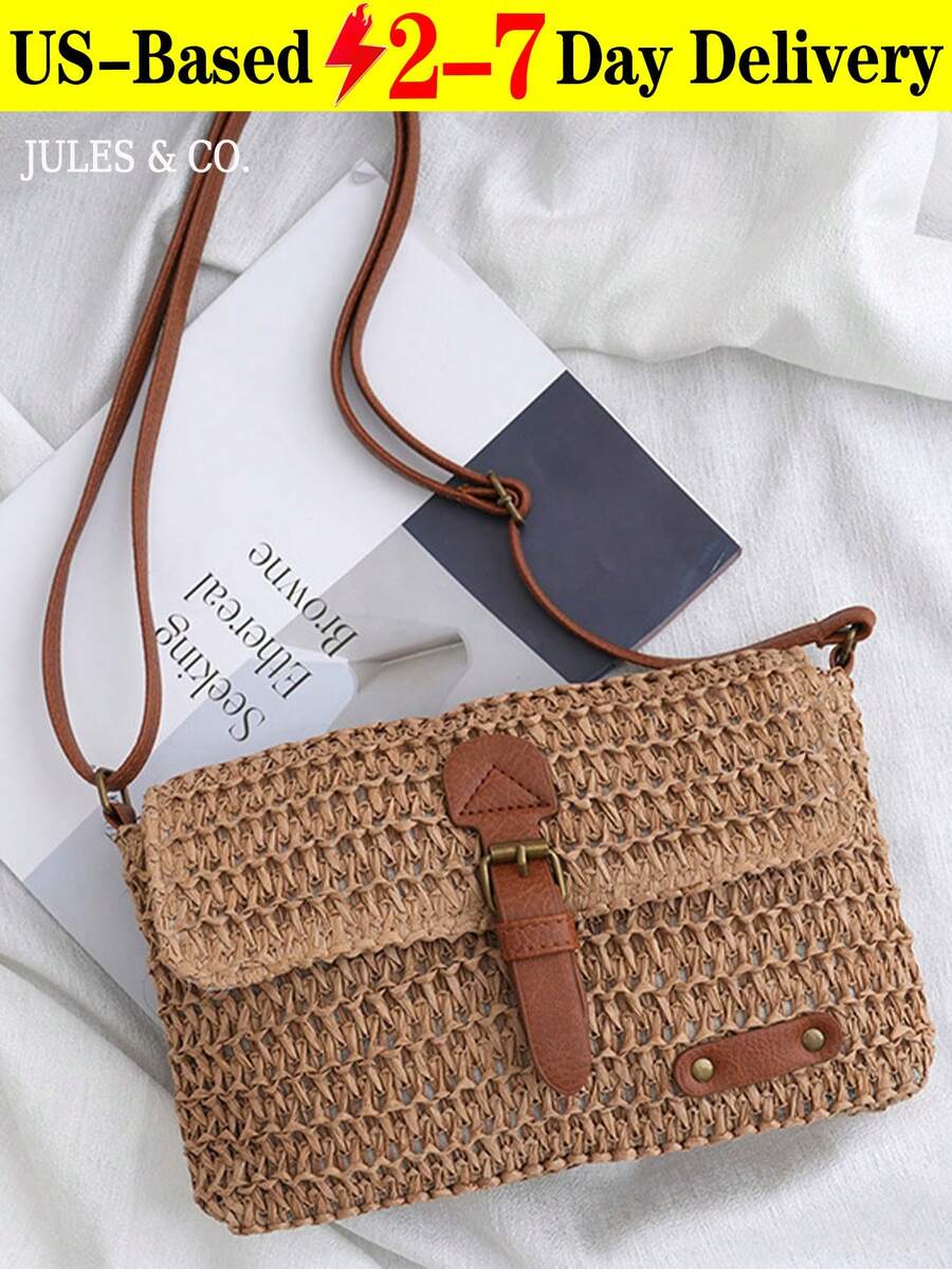 Vintage Fashion Large Capacity Woven Tote Bag, Beach Vacation Straw Shoulder Crossbody Bag , Summer - Khaki - View 1