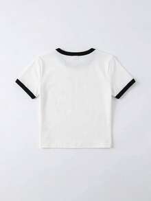 女士Y2K风格撞色滚边露脐上衣，修身短袖白色T恤，街头风基础款T恤，90年代复古撞色滚边休闲夏季上衣 - 白色 - 查看 6