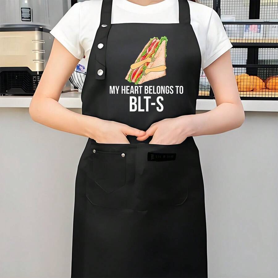 1 Piece Of Fun Kitchen Apron - High-Quality Cooking Apron With Sandwich Pattern - "My Heart Belongs To BLTS" Text - Durable Polyester Apron, Suitable For Home Chefs, Cooking, Cleaning, Birthday Gift - Easy-To-Clean Black Apron, A Must-Have For Food Enthusiasts, Fun Design, High-Quality Fabric, Apparel For Food Lovers - AZX0001 - View 1