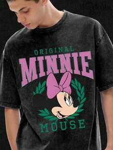 Disney Printed Wash Water T-Shirt,Classic Minnie Mouse Printed  T-Shirt,Unisex,High-Quality Pure Cotton T-Shirt,Suitable For All Seasons, Comfortable And Breathable| Exquisite Design | The Best Choice For Giving Gifts - 黑色 - 查看 3