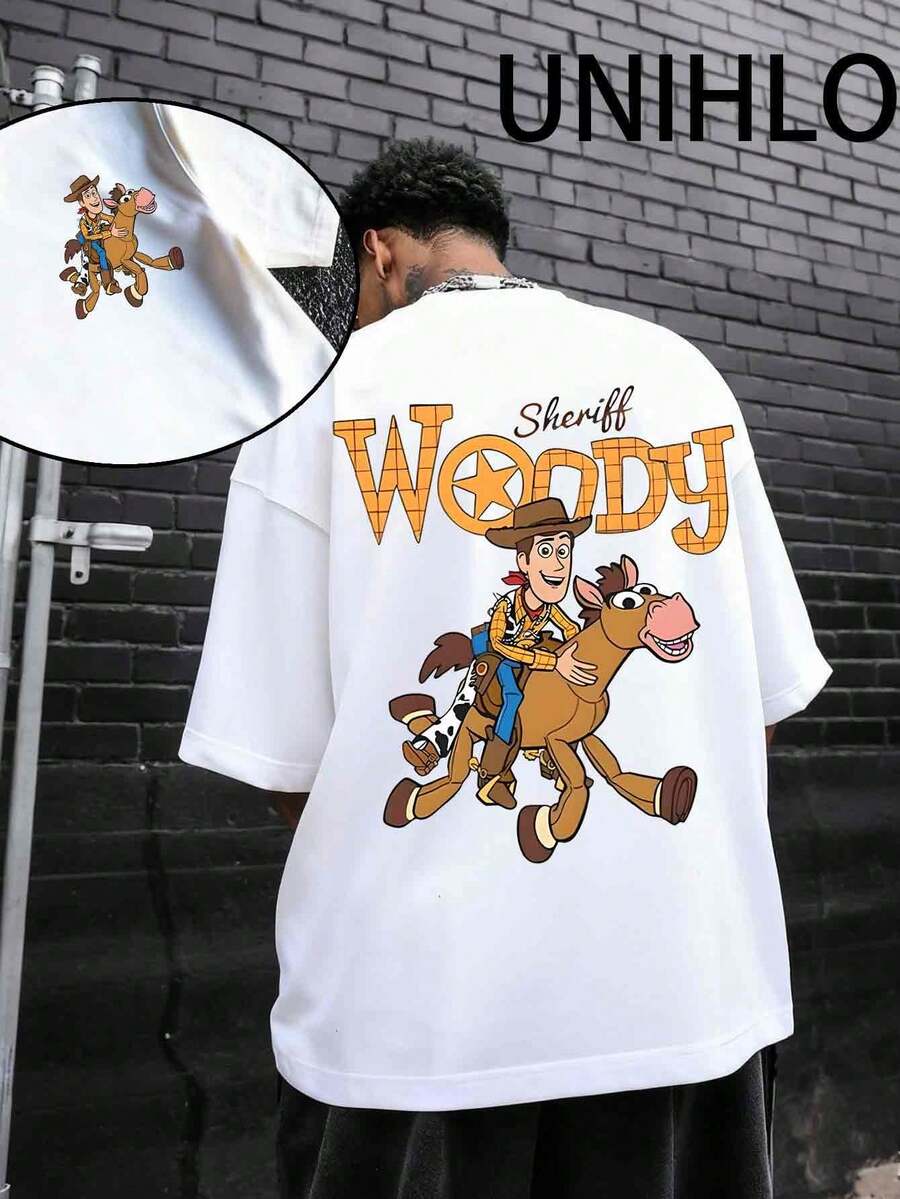 Disney UNIHLO  Street Life Men's Casual Loose   Mickey   Cartoon  Print Short Sleeve T-ShirtSummer - 白色 - 查看 1