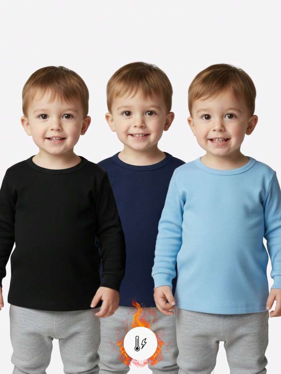 Kit 3 Blusas Térmicas Pettenati Infantil Bebê Baby Menina Menino Segunda Pele Térmico Quentinha Peluciada Inverno Básica Lisa - Preto + Marinho + Azul Claro - Visão 1