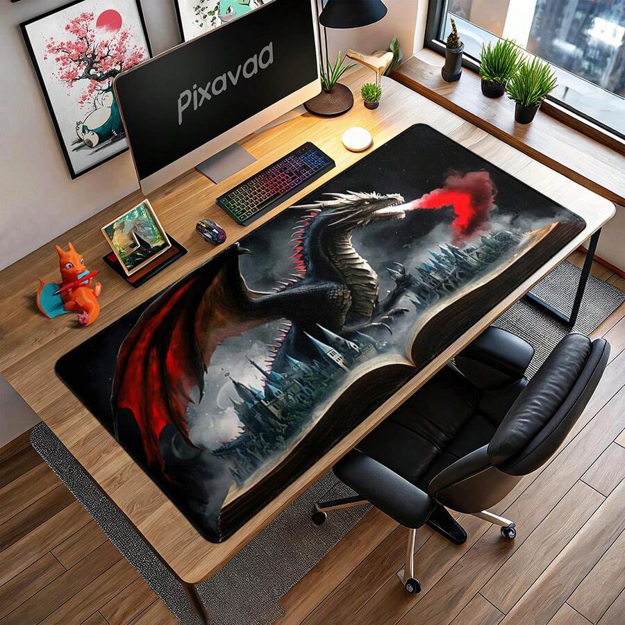 XXL Gaming Mouse Pad, Fantasy Dragon Emerging From Open Book, Fiery Monster And Castle Art, Extended Non-Slip Rubber Base Suitable For Gamers - A - View 1