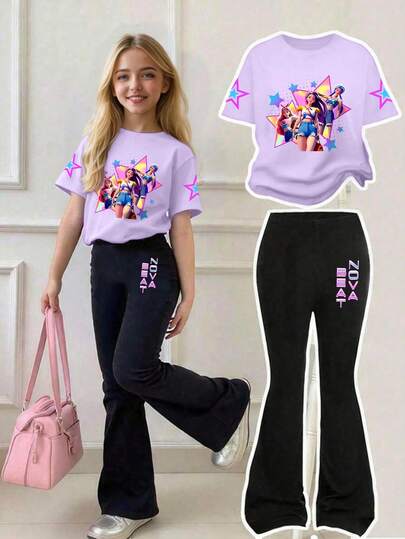Tween Girl K-Pop Hunt The Demon Girl Group Design Prints Crew Neck Short Sleeve T-Shirt+K-Pop Print Bell-Bottom Trousers Casual And Comfortable Summer New Girls Set
