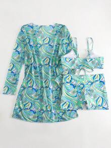 3-Piece Bikini Set: Kimono, Shorts, Top, Beach Cover-Up - Cadet Blue - View 6