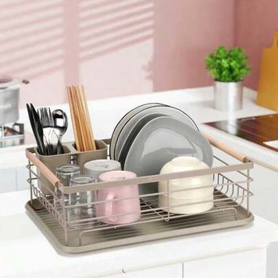 Suszarka do naczyń z ociekaczem and tacą, beżowa, Trwała, metalowa rama wykończona powłoką prozkową Praktyczna tacka op de uitkering van ociekającą wodę Ociekacz z rowkami op talerze oraz of odłączany pojemnik op sztućce Wymiarium: 43 * 32 * 14 cm