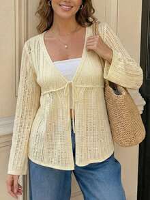 女士白色钩针编织开衫 | 系带V领长袖薄纱罩衫，适合海滩度假 - 杏色 - 查看 3