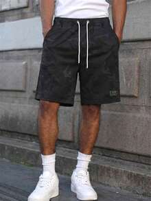 1条迷彩抽绳腰休闲短裤，印花标签贴片，美式街头风，夏季日常通勤和户外休闲必备单品 - 黑色 - 查看 5