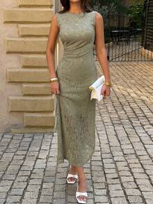 Unadoll 女士夏季无袖后拉链蕾丝提花面料包臀优雅连衣裙，适合约会、情人节、生日、外出、宴会、婚礼、宾客着装等场合。 - 綠色 - 查看 4