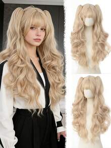 28英寸长波浪假发+2条马尾辫，浅金色卷曲合成假发带刘海，自然逼真，适合日常佩戴和万圣节装扮 - 亞麻金 - 查看 10