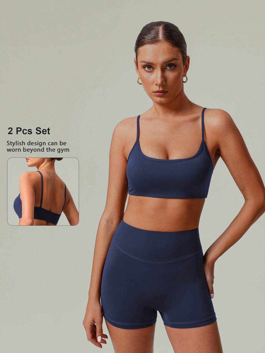 2pcs Women's Classic Spaghetti Strap Sports Bra And High Waist Deep V Lifting Shorts, Activewear For Running, Fitness, Cycling, Spring/Summer