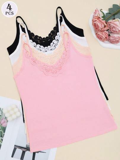 Set van 4 kanten camisole topjes, veelzijdige en comfortabele kanten blouse, effen kleur, onderhemd met verstelbare bandjes, geschikt voor alle seizoenen.