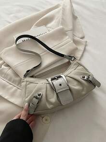 1 pieza Bolso de hombro y axila para mujer estilo retro Maillard moto punk con decoración de remaches, correa de hombro ajustable, gran capacidad, cuero sintético aceitado suave, color degradado, adecuado para trabajo, transporte, citas, fiestas - Gris - Ver 6