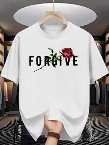 Camiseta casual blanca de cuello redondo, decorada con una rosa roja y la impresión "FORGIVE" -- manga corta, corte regular, adecuada para uso diario, apta para todas las estaciones. Camiseta vintage country: un toque divertido para tus atuendos en reuniones informales, eventos musicales o uso diario. - Blanco - Ver 7