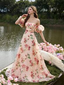 Faeriesty Đầm maxi in hoa thanh lịch, hở vai, tay phồng, lưng hở có dây buộc, nhiều lớp voan, thích hợp cho chụp ảnh cưới, ảnh chân dung lãng mạn bên hồ, các buổi lễ theo chủ đề hoa và tiệc cưới ngoài trời, kỳ nghỉ xuân. - Màu Hồng  San hô - Xem 1