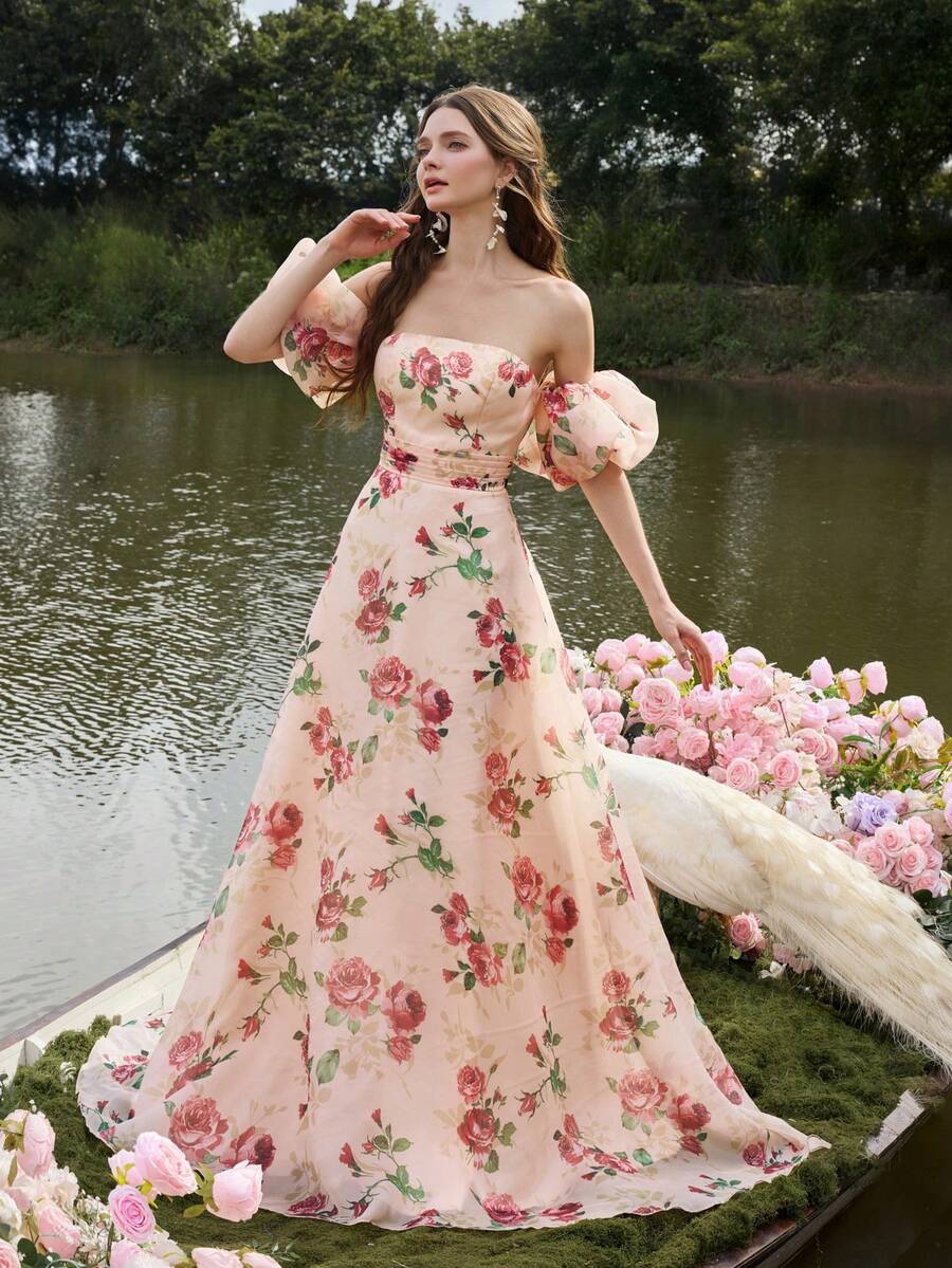 Faeriesty Đầm maxi in hoa thanh lịch, hở vai, tay phồng, lưng hở có dây buộc, nhiều lớp voan, thích hợp cho chụp ảnh cưới, ảnh chân dung lãng mạn bên hồ, các buổi lễ theo chủ đề hoa và tiệc cưới ngoài trời, kỳ nghỉ xuân. - Màu Hồng San hô - Xem 1