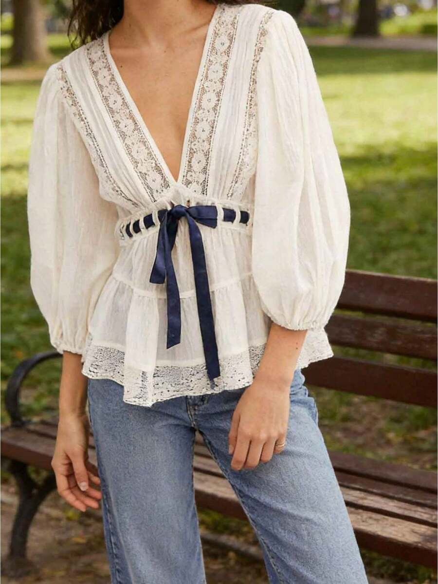 Women's Front-Tie Long-Sleeve Going Out Top Lace Trim Button-Down Shirt V-Neck Loose-Fit Shirt Spring Y2k Style Clothing - 白色 - 查看 1
