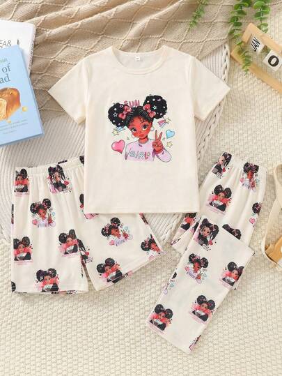 3件套少女休闲卡通印花圆领短袖卫衣和短裤/长裤睡衣套装，阻燃，四季皆宜