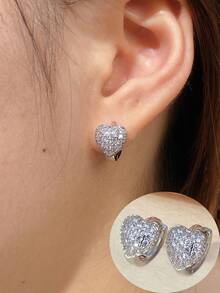 1对女士耳环，简约心形微镶嵌合成心形耳钉，优雅设计，精致小巧，时尚别致 - 耳圈 - 查看 5