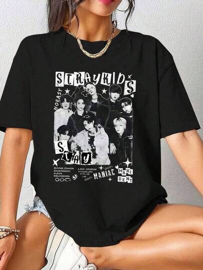 2026 Family Graphic Cotton T-Shirt For Young Boys Casual Unisex T-Shirt, 100% Cotton Knit Fabric, Women's Stray K-Pop Band Graphic T-Shirt - Official Member Portraits & Song Lyrics, Breathable Round Neck Casual & Concert T-Shirt, Machine Washable K-Pop Merchandise For Casual Outfits & Music Events, Retro Black Band Design With Text Print, Relaxed Fit For All Seasons, Ideal For Casual Outings And Concerts, Stylish Music-Themed Clothing Summer Short Sleeve T-Shirt, , Gift For Father, Gift For Mother Christmas Gift Valentine's Day Gifts Birthday Gifttops for women oversized t shirt oversized t shirt sports top
