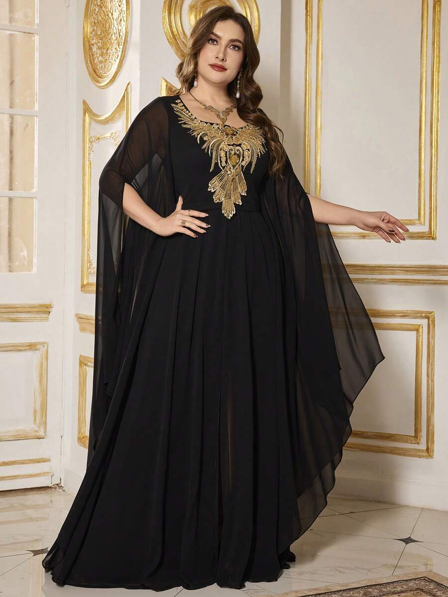 SUPGIR Square Neck Dress With Extra Long Flared Sleeves, Decorated With Heavy Gold Sequins, Waist Cinched, Flared Dress, Elegant Formal Gown Wedding Black Spring Party - Black - View 1