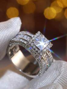 Anillo de circonita cúbica blanca elegante y lujoso, anillo de fiesta/boda para mujer, joyería para vestido de cóctel, regalo del Día de la Madre, talla de anillo 6-10 - Plateado - Ver 2