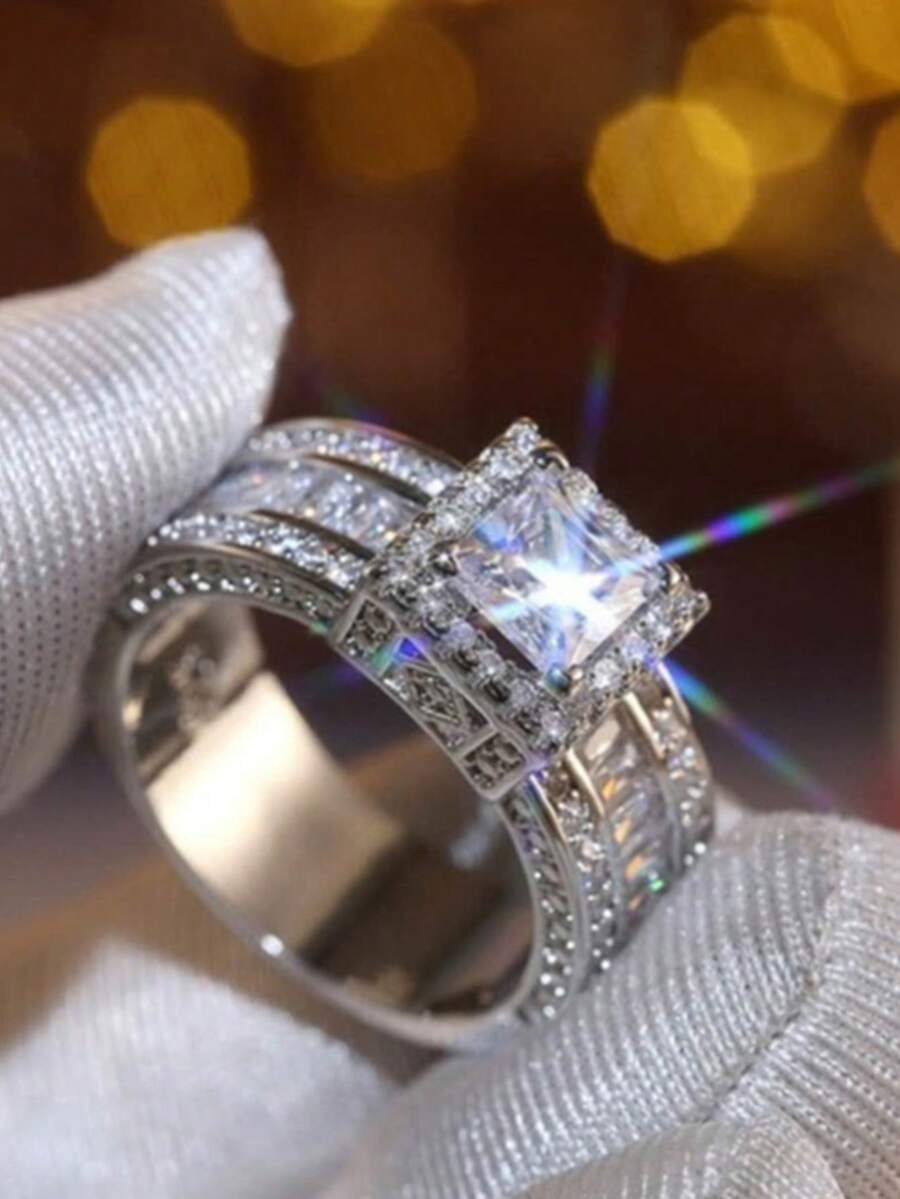 Nhẫn Cubic Zirconia trắng sang trọng, thanh lịch, thích hợp cho tiệc tùng/cưới, trang sức cho váy cocktail, quà tặng Ngày của Mẹ, cỡ nhẫn 6-10. - Bạc - Xem 1