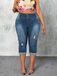 Women's Plus Size Capri Skinny Jeans Fashion High Stretch Washed Denim Shorts Distressed Design Three Button Closure - Blue - View 5