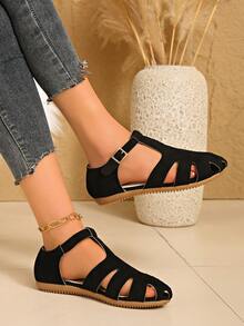 休闲百搭简约搭扣平底凉鞋 - 黑色 - 查看 4