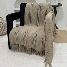 1 chiếc chăn sofa dệt caro hình chữ nhật, chăn viền tua rua bằng polyester thông thường, thích hợp cho giấc ngủ trưa tại văn phòng hoặc sử dụng hàng ngày - màu kaki của rừng tuyết tùng - Xem 6