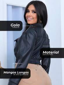 Women's Faux Leather Jacket Long Sleeve Front Pockets - 黑色 - 查看 2