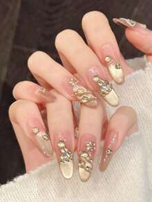 10pcs Handmade Coffin/Elongated Oval/Stiletto Nail Stickers, Suitable For Parties And Daily Wear, "Golden Diamond Gradient" Design, Luxurious And Elegant, Easy To Apply, 10pcs Y2K Style Handmade Nail Stickers For Women, Suitable For Holidays, Parties And Daily Wear - Pink - View 8