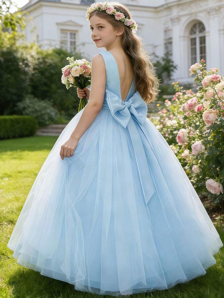 Vestido largo elegante de tul azul con decoración de lazo y perlas falsas para niña preadolescente, vestido de niña de las flores para boda, vestido de princesa, vestido de graduación formal, vestido de novia, para ocasiones al aire libre, Pascua - Azul - Ver 1