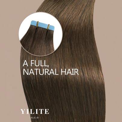 Yilite 20pcs/Pack 12-24 Inch Black Real Human Hair Extensions, Double-Sided Tape, Seamless Straight Hair Wefts, 50g, #4 Chocolate Brown