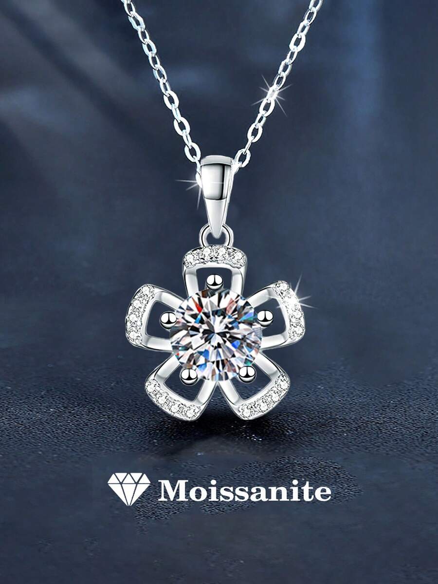 1件优雅925纯银1克拉6.5毫米莫桑石花朵吊坠项链，适合日常佩戴、派对、节日、圣诞节、结婚纪念日等场合，是女士珠宝礼物的理想之选。 - 銀色 - 查看 1