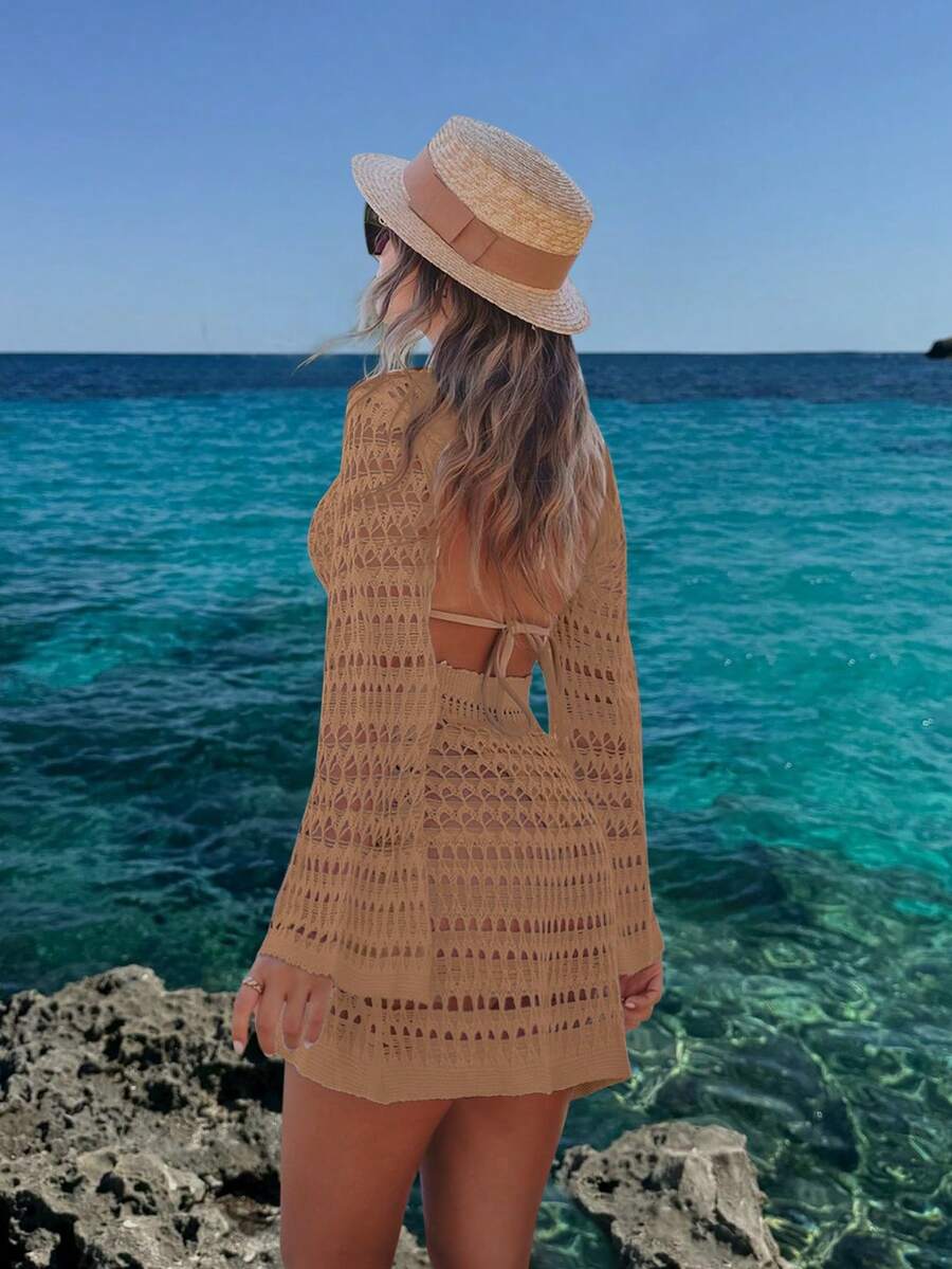 女士春夏沙滩连衣裙，波西米亚风性感镂空露背长袖钩针编织罩衫连衣裙度假装
