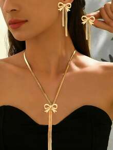 Set de 2 piezas con collar colgante en forma de Y con borlas largas y arco, y pendientes a juego - Elegante y versátil para uso diario, fiestas y vacaciones - Amarillo Oro - Ver 5