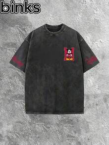 Disney Binks (Double-Sided Printing): Mickey Mouse 1928 Element Cartoon Printed Retro Worn-Out Washed Short Sleeved T-Shirt, High Street Fashion Brand Loose Short Sleeved T-Shirt. Spring And Summer Fashionable Versatile Tops, Holiday Gifts, Vintage Prints. - 黑色 - 查看 2